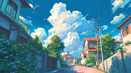 Serene stroll through a sunlit anime town with fluffy clouds reminiscent of a peaceful summer afternoon bathed in soft