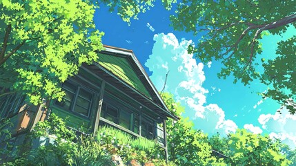 A rustic wooden cottage nestled in a vibrant green forest with ivy-clad stone walls and a clear summer sky