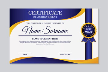 Simple blue and yellow wave design achievement certificate template
