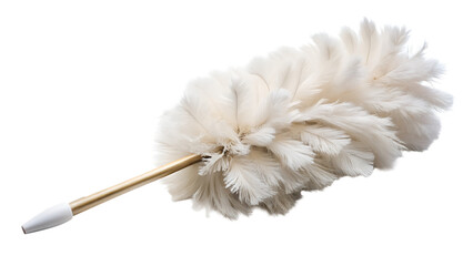 A fluffy feather duster with a wooden handle, isolated on a transparent background for cleaning