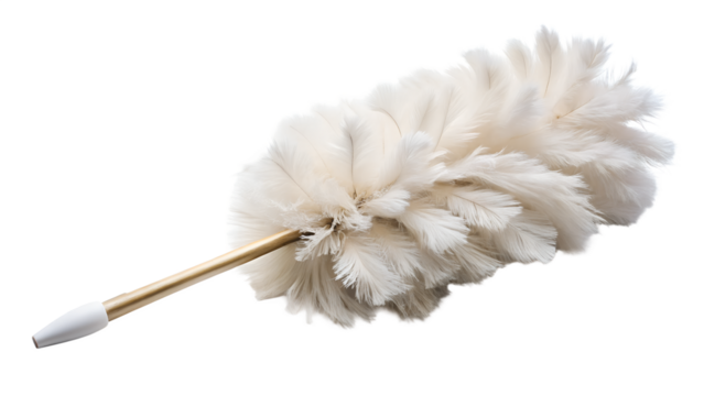 A fluffy feather duster with a wooden handle, isolated on a transparent background for cleaning