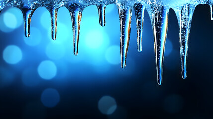 Blue Snowy Background with Hanging Icicles – Winter Scene with Depth in Daylight