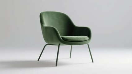 Obraz premium A dark green velvet single sofa chair with a simple and smooth shape, paired with slender metal legs, conveying a fashionable, comfortable, and modern home atmosphere.