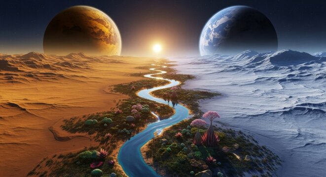 Tidally Locked Planet: A River's Journey - A vibrant river winds through a desert and icy landscape, separating day and night on a tidally locked planet.
