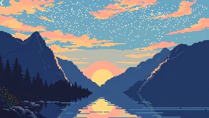 8-bit pixel art of a lakeside mountain scene at sunset, calm water, sky full of pixelated stars emerging