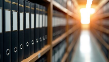 Light filters through a glass window onto a library shelf filled with business folders, creating an organized archive design in the office room