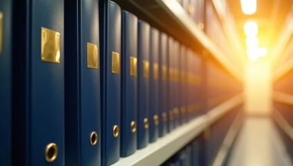 Light filters through a glass window onto a library shelf filled with business folders, creating an organized archive design in the office room