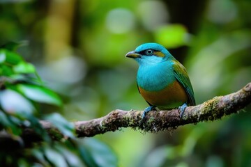 Obraz premium Rainforest atmosphere with exotic turquoise-browed bird resting on forest branch
