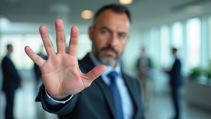 Confident businessman in a suit presses a virtual screen button, symbolizing success and corporate achievement. Confident hand signals halt to potential problems deals.