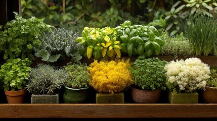 Variety of herbs and flowers in pots