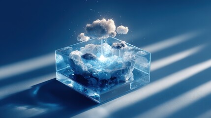 3D isometric weather lab encapsulated in glowing crystal, miniature scene for science brand storytelling and educational app interfaces