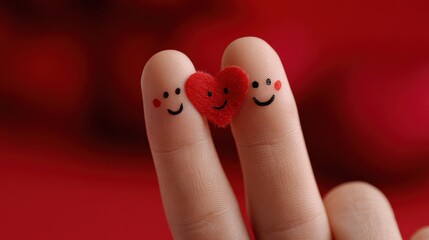 Two fingers with smiley faces and a red heart between them, symbolizing love and friendship on a red background.