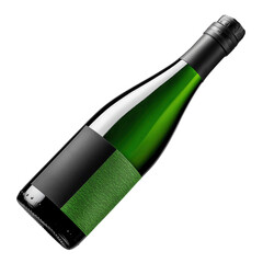 A bottle of sparkling green wine with a unique label design, lying on its side, without a background, with a transparent background
