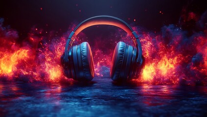 Futuristic Headphones Surrounded by Fiery Flames on Dark Background

