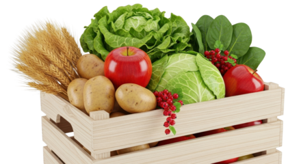 Fresh Organic Produce Assortment in Wooden Crate Product Shot isolated PNG with Transparent Background