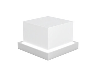 Modern white cube pedestal with a twotiered base and soft glowing ambient light.
