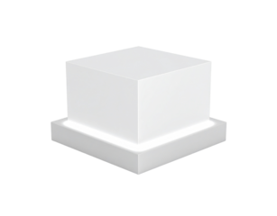 Modern white cube pedestal with a twotiered base and soft glowing ambient light.