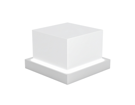 Modern white cube pedestal with a twotiered base and soft glowing ambient light.