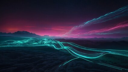 A sky filled with aurora borealis shaped like flowing circuit lines, glowing neon colors, futuristic nightscape below, soft gradients and digital texture, no humans, concept art quality