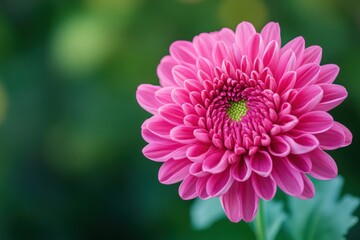 Fototapeta premium Radiant pink chrysanthemum flower in bloom, close-up shot with green background