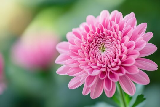 Radiant pink chrysanthemum flower in bloom, close-up shot with green background