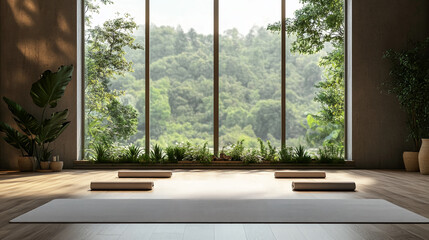 Yoga studio with large window overlooking lush green forest and yoga mats laid out on the wooden floor