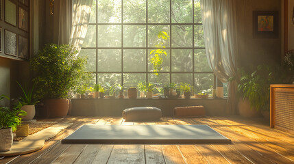 A serene yoga space with plants and natural light streaming through a large window onto a wooden floor