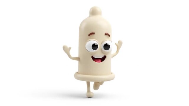 Cartoon of a happy, joyfully jumping condom promoting safe sex. Suitable for sexual health, education, and contraception awareness projects.