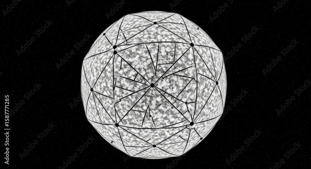 Poster celestial sphere geometry - a grayscale sphere, geometrically divided, evokes concepts of cosmology,