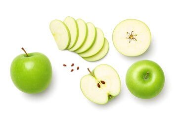 Close-up of fresh green apples sliced and halved for nutrition, fruit, and healthy eating visuals