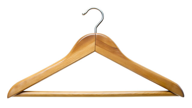 A simple wooden clothes hanger with a metal hook, isolated on a plain transparent background