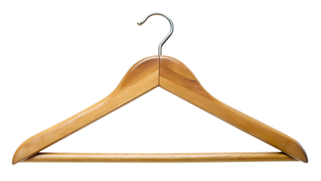 A simple wooden clothes hanger with a metal hook, isolated on a plain transparent background