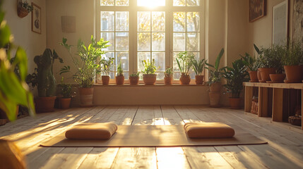 Yoga mat and cushions in sunny room filled with potted plants near a large window with bright sunlight