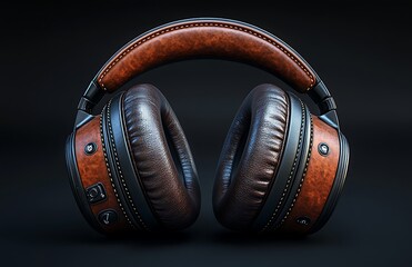 Brown Leather Headphones with Metallic Accents on Dark Background

