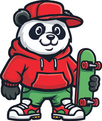 Cartoon panda wearing a red hoodie and cap, holding a skateboard, smiling.