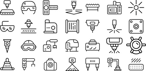 Laser technology and processing icon set,machine, a lathe, a drill, a laser cutter, and more vector illustration