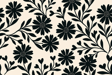 Elegant seamless floral pattern with black daisy silhouettes and leafy branches on a cream background, perfect for fabric, wallpaper, or digital design.