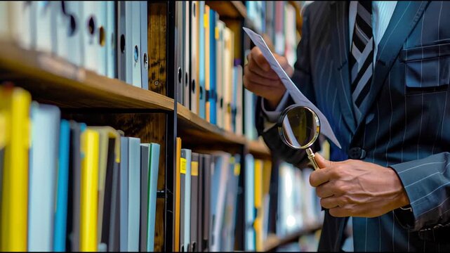 Dedicated auditor employing magnification tools to inspect company reports and records with rigorous compliance and oversight procedures