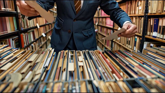 Detail-oriented auditor assessing multiple company file shelves, pointing at critical data for comprehensive compliance and financial evaluation