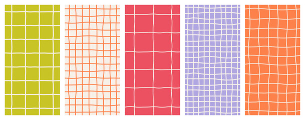 Set of seamless modern simple vertical summer minimal checkered colorful light patterns, backgrounds; green, purple, violet and orange colors; hand drawn vector illustration; drawing, flat style