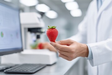 Nutritionist in a lab analyzes fresh fruit with a high-tech spectrometer. Food science, healthy eating, and modern dietetics concept