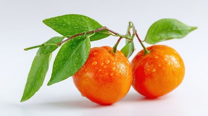 Two fresh oranges with green leaves and water droplets on a white background, showcasing their vibrant color and texture.