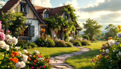 Fototapeta premium garden with flowers and houses