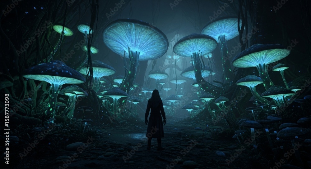 Poster enchanting luminescent fungi forest path - a lone figure stands on a path through an ethereal forest