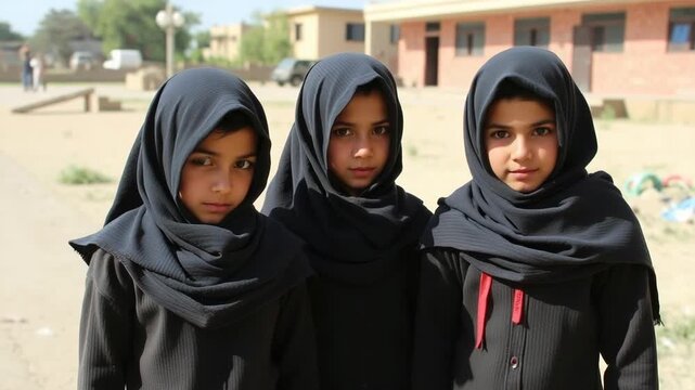 Three young girls wearing black hijabs stand together outdoors, looking towards the camera with serious expressions