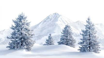 Obraz premium Snowy winter landscape with frosted pine trees and a majestic mountain range.