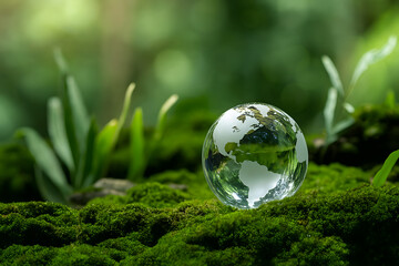 Glass Earth globe resting on green moss symbolizing sustainability, ecology, and environmental protection