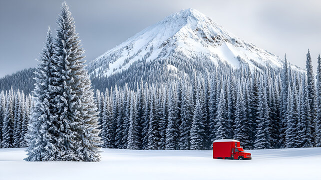 A red delivery truck drives through a snow-covered landscape with evergreen trees and a large snow-capped mountain in the background on a bright winter day.