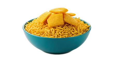 Authentic Indian Bhujia Sev Namkeen Snack Mix in Teal Bowl Isolated on White