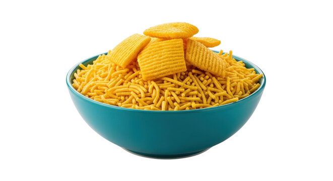 Authentic Indian Bhujia Sev Namkeen Snack Mix in Teal Bowl Isolated on White